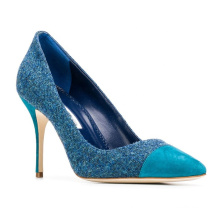 Luxury Color Block Blue Wool Leather Suede Pointed Toe Pumps Shoes